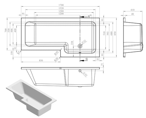 Nant L Shape SUPERCAST 1700x850x560mm 0TH Shower Bath Pack (RH) - Matt Black