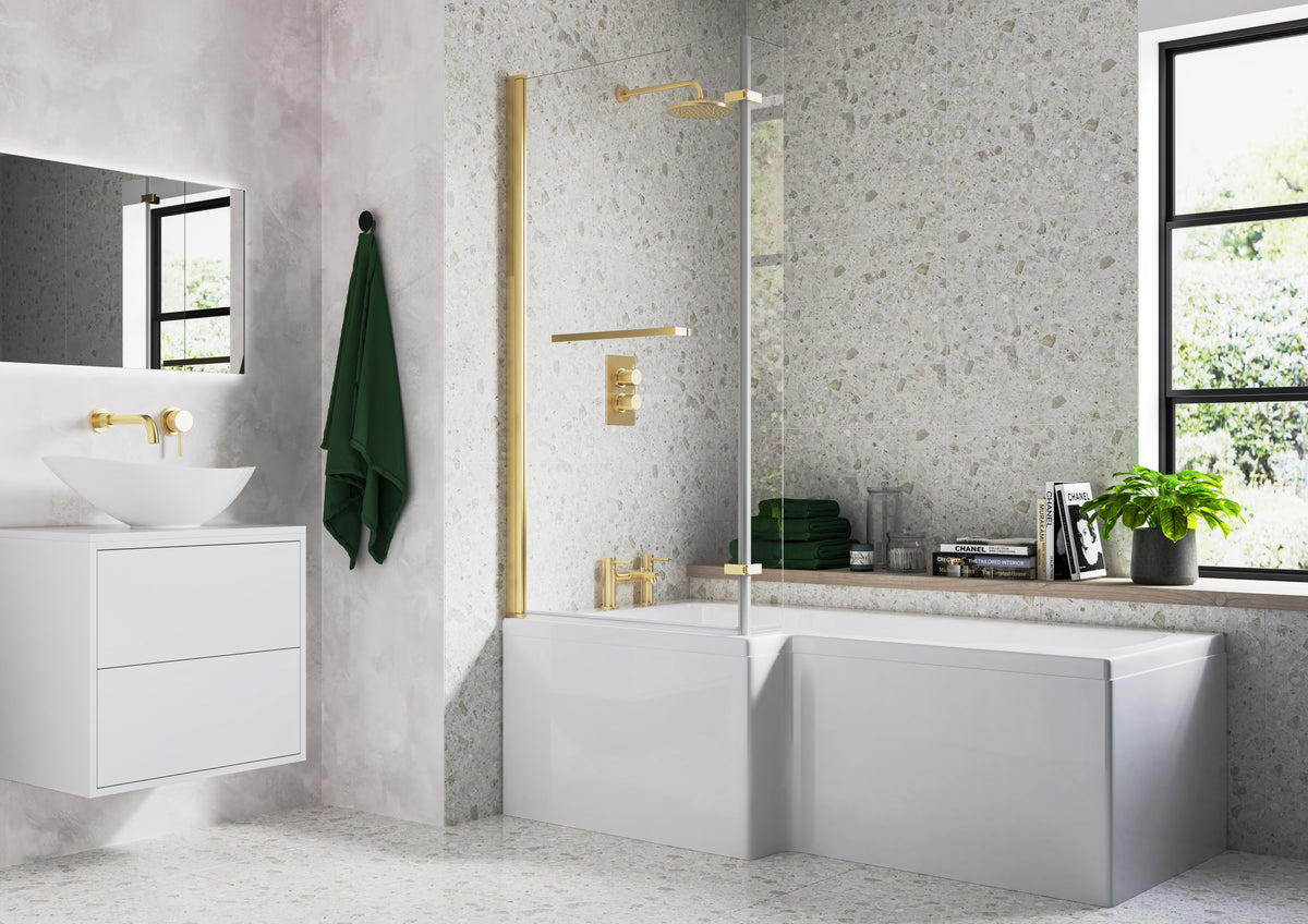 Nant L Shape 1700x850x560mm 0TH Shower Bath Pack (LH) - Brushed Brass