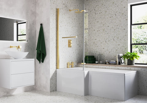 Nant L Shape SUPERCAST 1700x850x560mm 0TH Shower Bath Pack (LH) - Brushed Brass