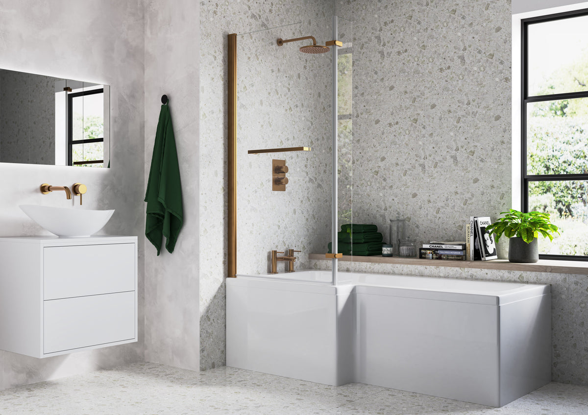 Nant L Shape 1700x850x560mm 0TH Shower Bath Pack (RH) - Brushed Bronze