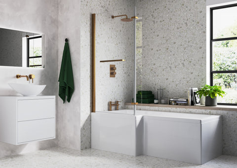 815x1500mm L Shape Bath Screen (6mm) - Brushed Bronze
