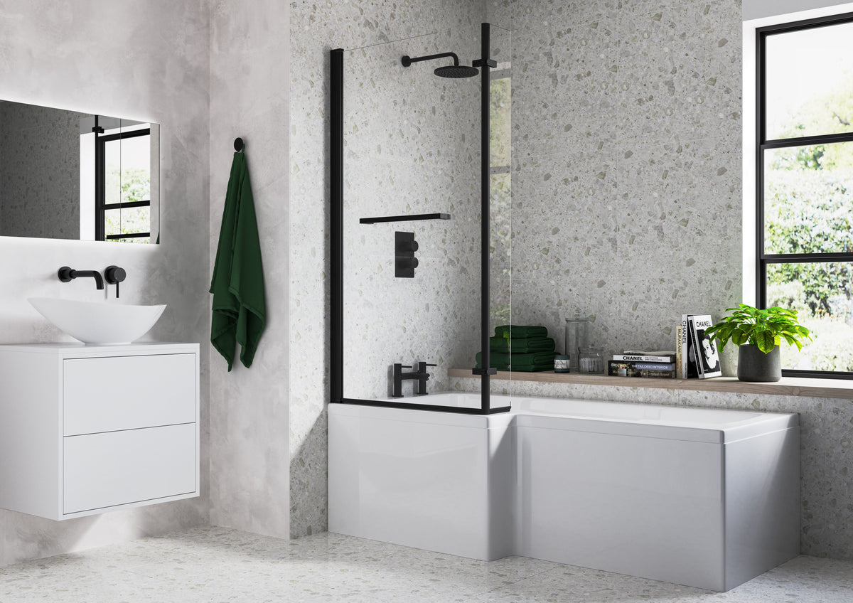 Nant L Shape SUPERCAST 1700x850x560mm 0TH Shower Bath Pack (LH) - Matt Black