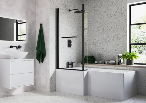 Nant L Shape SUPERCAST 1700x850x560mm 0TH Shower Bath Pack (RH) - Matt Black