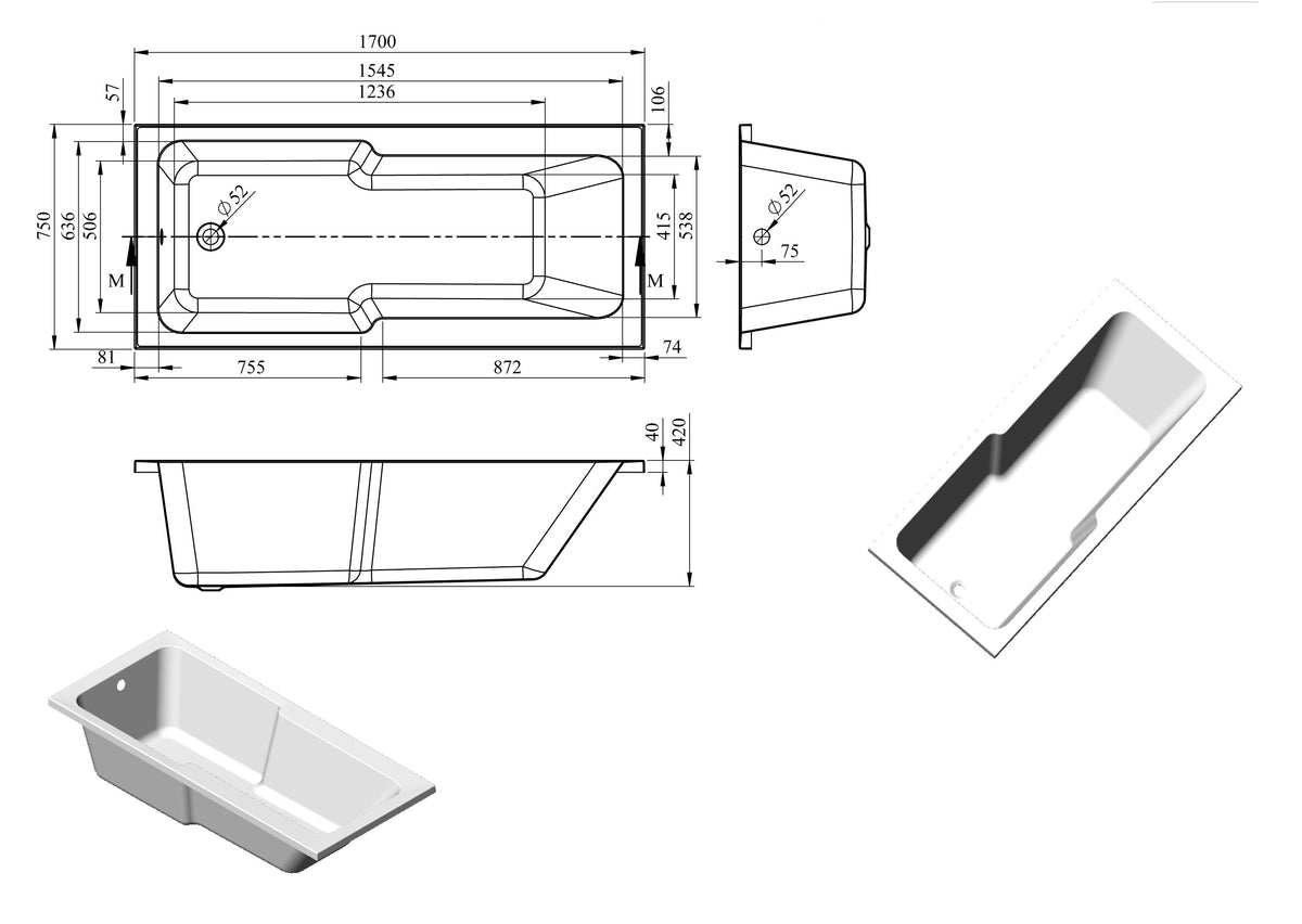Oconee Straight 1700x750x550mm 0TH "C" Shower Bath w/Legs