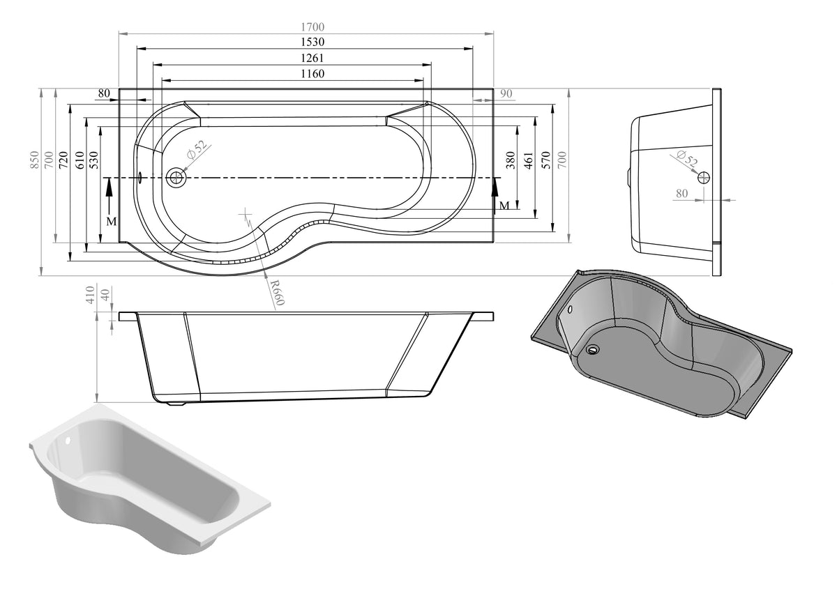 Orwan P Shape 1700x850x560mm 0TH Shower Bath Pack (LH)