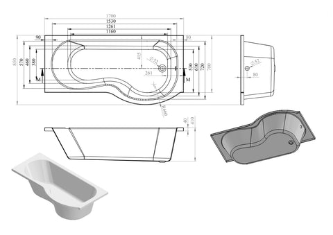 Orwan P Shape 1700x850x560mm 0TH Shower Bath Pack (RH)