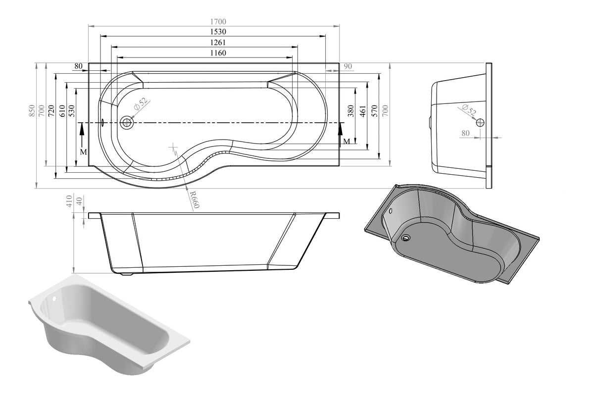 P-Shape Single End 1700x700-850x410mm 0TH Bath Only (LH)