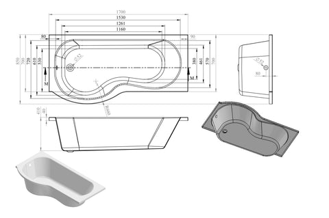 P-Shape Single End 1700x700-850x410mm 0TH Bath Only (LH)