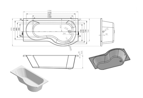P-Shape Single End 1700x700-850x410mm 0TH Bath Only (RH)