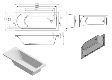 Pike D Shape Single End SUPERCAST 1700x700x550mm 2TH Bath w/Legs