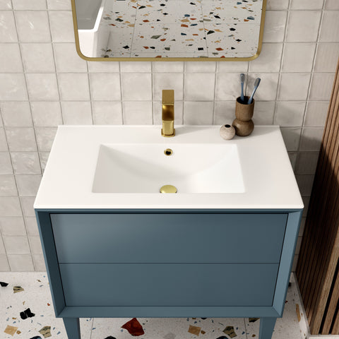 Press 810mm Wall Hung 2 Drawer Basin Unit & 1TH Thin Edge Basin - Matt Storm Blue