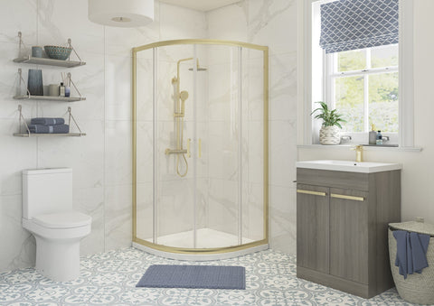 Clear 900mm 2 Door Quadrant - Brushed Brass