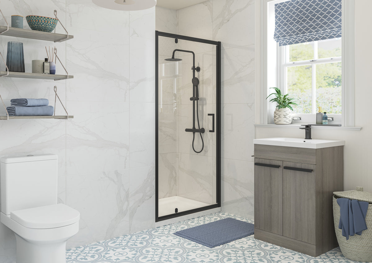 Clear 760mm Pivot Door - Matt Black