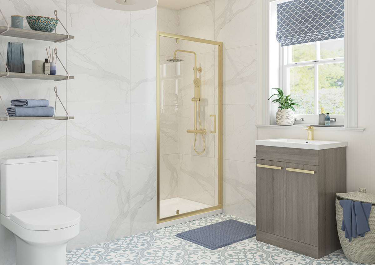 Clear 700mm Pivot Door - Brushed Brass