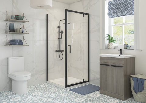 Clear 760mm Pivot Door - Matt Black