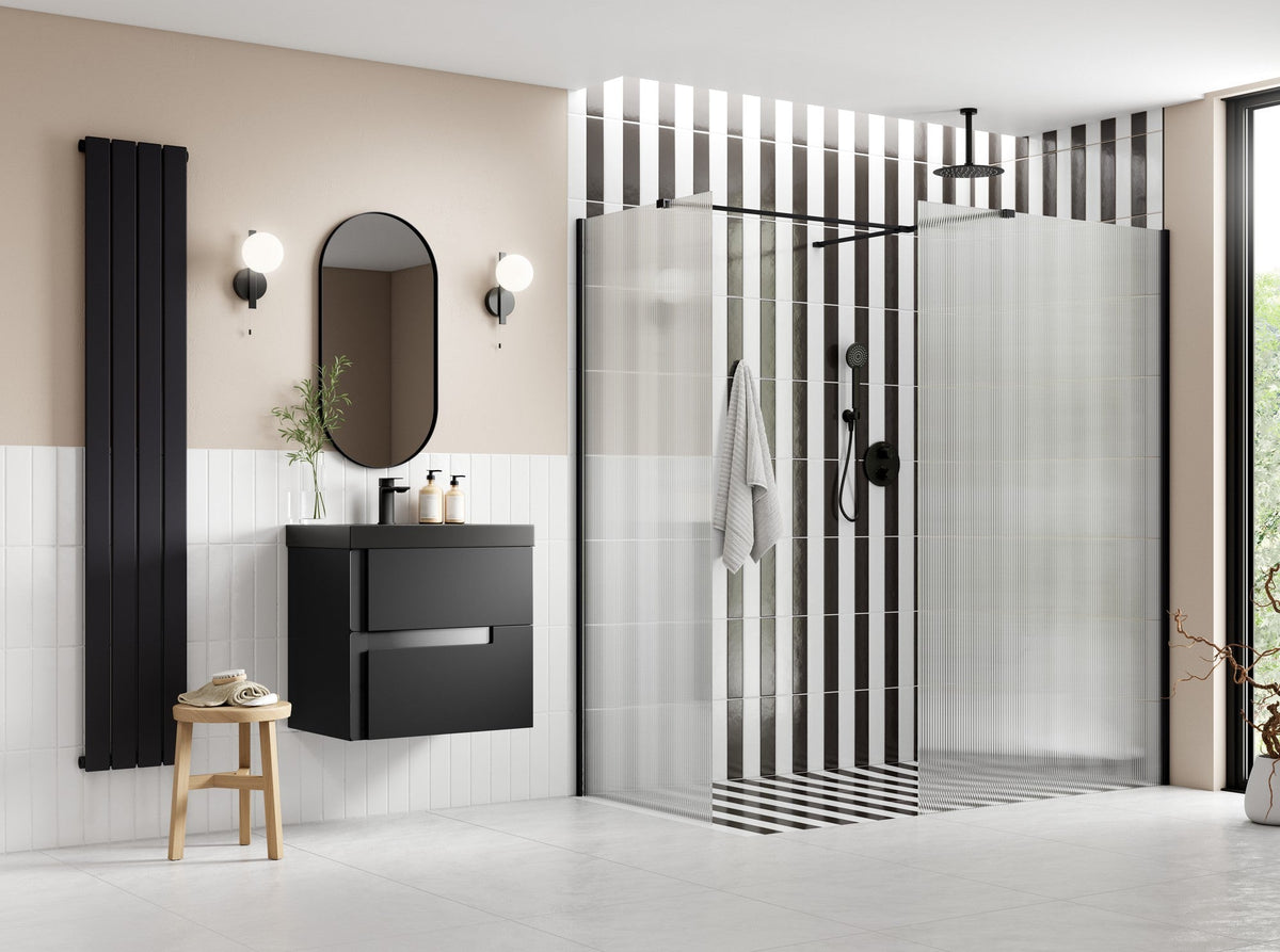 Icon 900mm Fluted Wetroom Panel & Side Panel Arm - Black