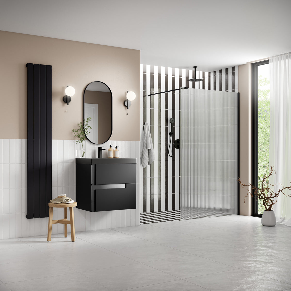 Icon 1000mm Fluted Wetroom Panel & Support Arm - Black