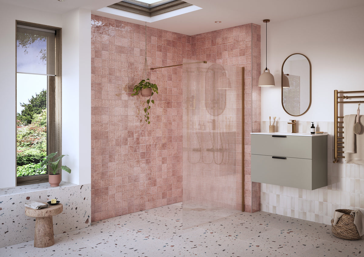 Icon 900mm Fluted Wetroom Panel & Support Bar - Brushed Bronze