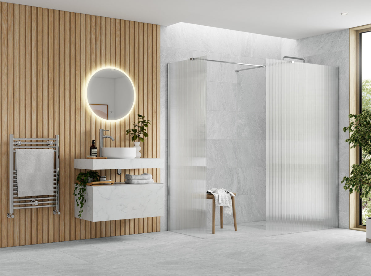 Icon 900mm Fluted Wetroom Panel & Side Panel Arm - Chrome