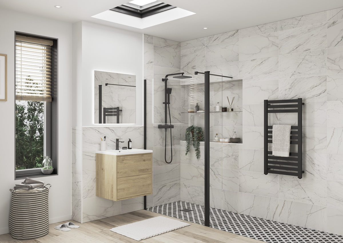 Icon Optional 1950x300x8mm Rotatable Wetroom Panel (Full Hinge) - Matt Black