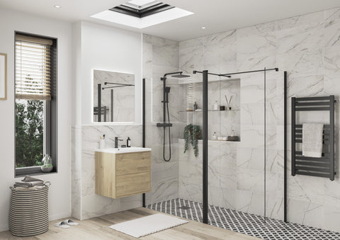 Icon Optional 1950x300x8mm Rotatable Wetroom Panel (Full Hinge) - Matt Black