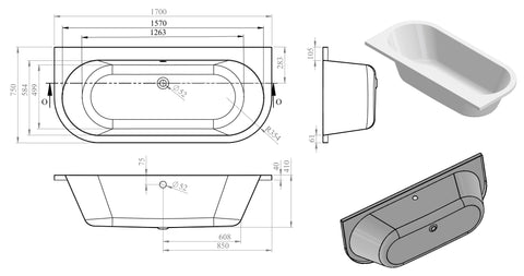 Santiam Back To Wall 1700x750x600mm 0TH Bath w/Legs