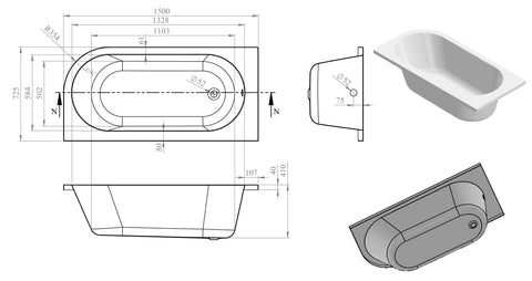 Sauk J Shape 1500x725x600mm 0TH Bath w/Legs (LH)