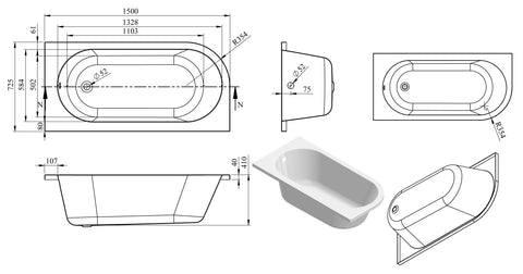 Sauk J Shape 1500x725x600mm 0TH Bath w/Legs (RH)