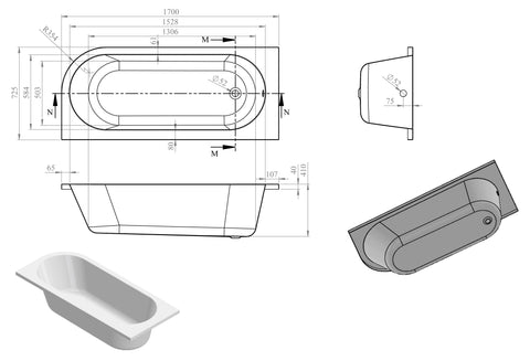 Sauk J Shape 1700x725x600mm 0TH Bath w/Legs (LH)