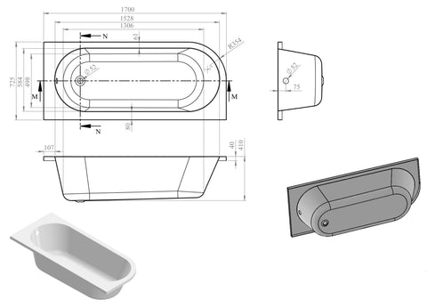 Sauk J Shape 1700x725x600mm 0TH Bath w/Legs (RH)