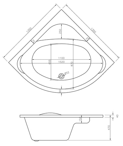 Tywi Standard 1350x1350x620mm 0TH Corner Bath w/Legs