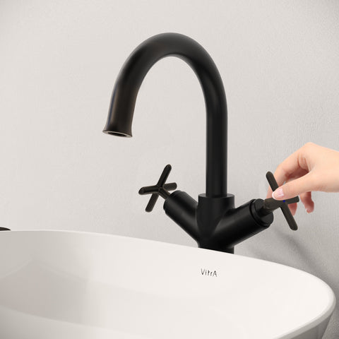 VitrA Origin Classic Tall Basin Mixer (Cross Handles) - Matt Black