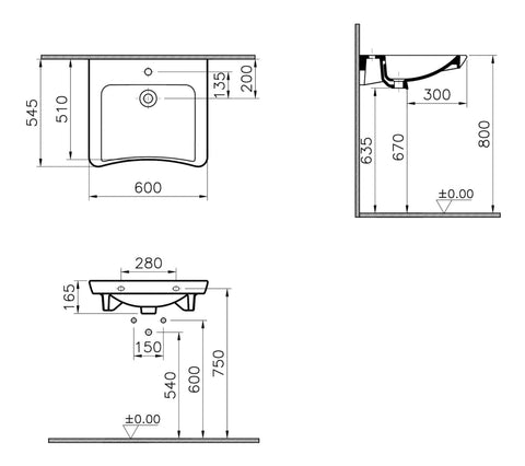 VitrA S20 600x545mm 1TH Basin w/Overflow - White