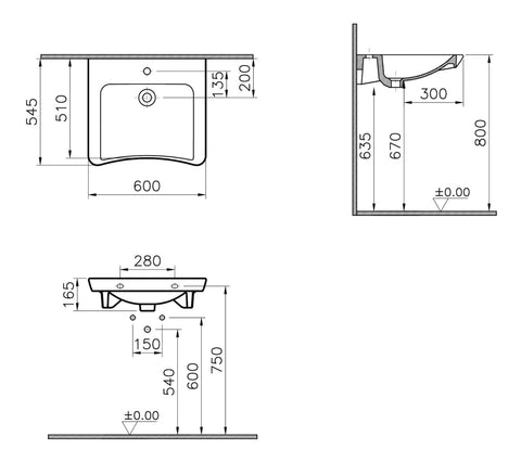 VitrA S20 600x545mm 1TH Basin (No Overflow) - White