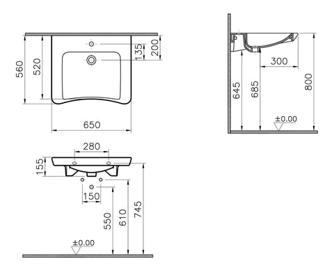 VitrA S20 650x560mm 1TH Basin (No Overflow) - White