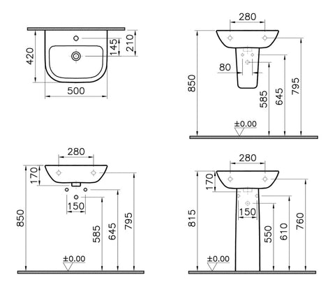 VitrA S20 500x415mm 2TH Basin Only - White