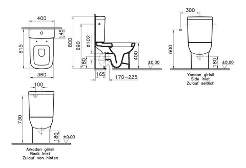 VitrA S20 Open Back Close Coupled Pan Only - White