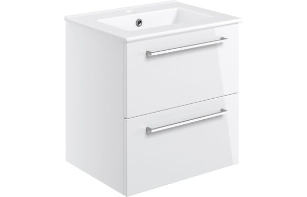 volga 510mm wall hung 2 drawer basin unit w basin white gloss