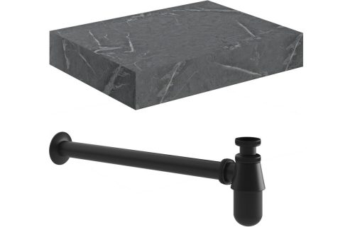 Character 600mm Wall Hung Grey Marble Basin Shelf & Black Bottle Trap