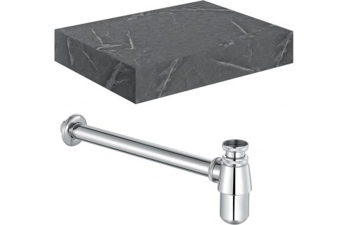 Character 600mm Wall Hung Grey Marble Basin Shelf & Chrome Bottle Trap