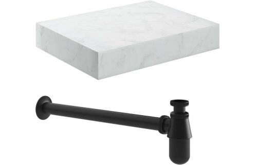 Character 600mm Wall Hung White Marble Basin Shelf & Black Bottle Trap