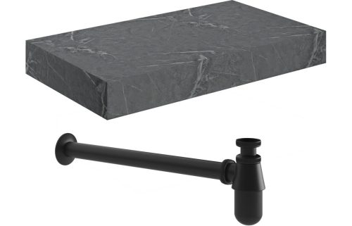 Character 800mm Wall Hung Grey Marble Basin Shelf & Black Bottle Trap