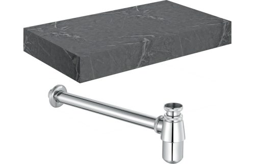 Character 800mm Wall Hung Grey Marble Basin Shelf & Chrome Bottle Trap