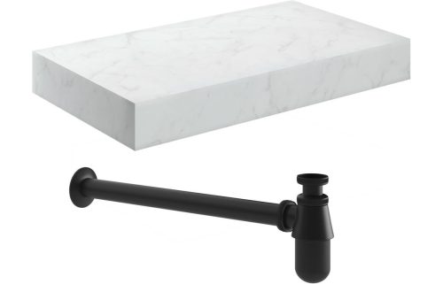 Character 800mm Wall Hung White Marble Basin Shelf & Black Bottle Trap