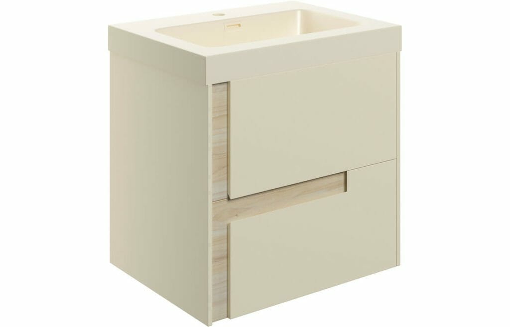 Distinct 605mm Wall Hung 2 Drawer Basin Unit & Co-ordinating Basin - Matt Cotton & Oak Effect