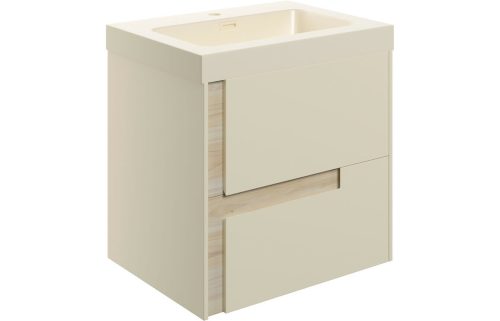 Distinct 605mm Wall Hung 2 Drawer Basin Unit & Co-ordinating Basin - Matt Cotton & Oak Effect