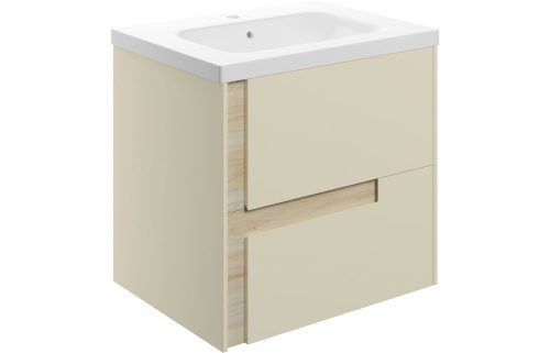 Distinct 615 Wall Hung 2 Drawer Basin Unit & White Basin - Matt Cotton & Oak Effect