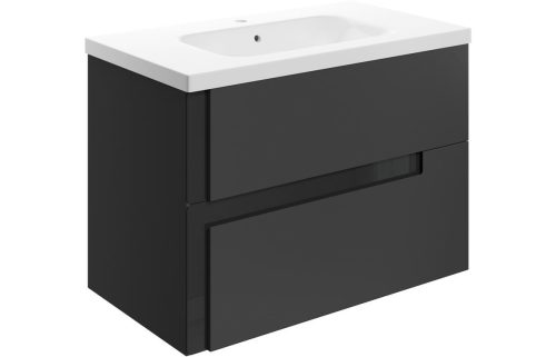 Distinct 815 Wall Hung 2 Drawer Basin Unit & White Basin - Matt Black & Glass