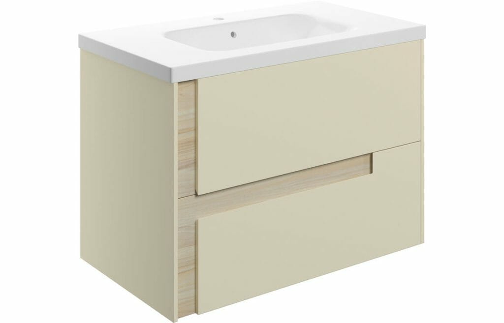 Distinct 815 Wall Hung 2 Drawer Basin Unit & White Basin - Matt Cotton & Oak Effect